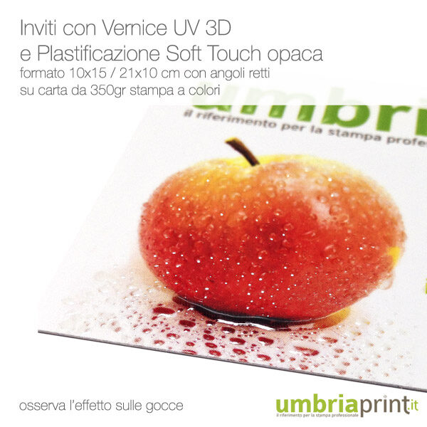 Particolare di invito stampato a colori con UV a rilievo 3D e plastificazione soft touch - UmbriaPrint.it
